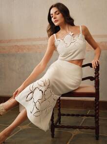 Anewsta Elegant Urban 2 Pieces Set: High-End Burn-Cut Hollow Embroidery Spaghetti Strap Bustier Top & Long Skirt