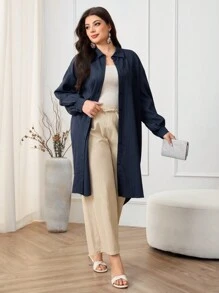 Mulvari Áo sơ mi trơn tối giản cỡ lớn, mặc hàng ngày - Màu xanh hải quân - Xem 4