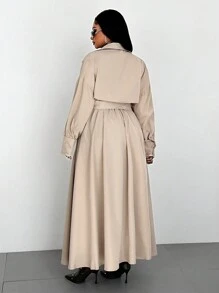 Maweii Vestido camisa informal de manga larga, hombros caídos, talla grande, unicolor para mujeres - Camel - Ver 5