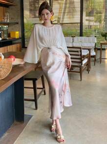 DAZY Robe mi-longue en satin à imprimé floral patchwork avec taille froncée, convient pour un rendez-vous, robe d'automne à manches longues, robe de Pâques - Beige - Voir 6