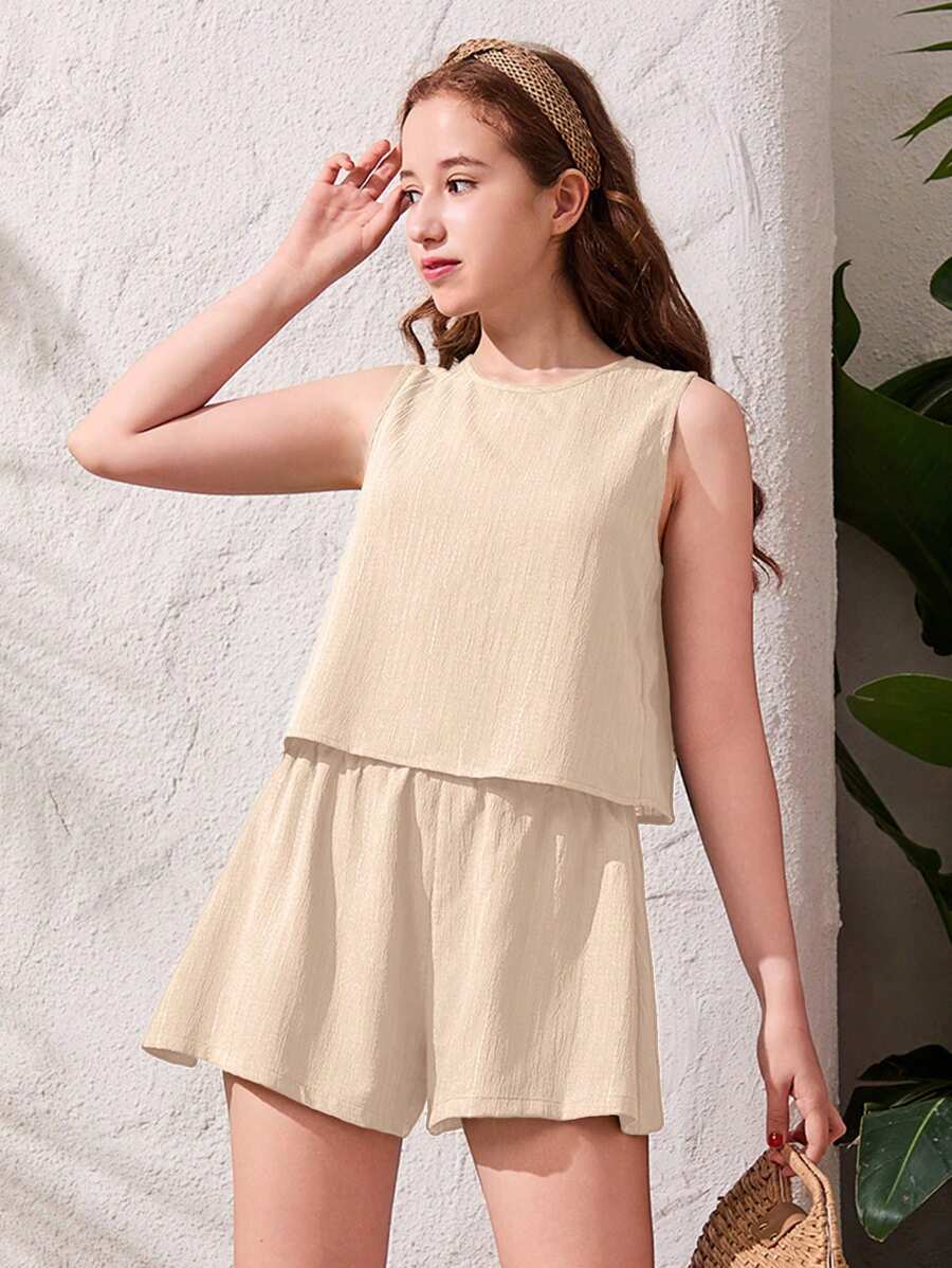 SHEIN Teen Girls' Casual Plain Texture Woven Sleeveless 2 Pieces Set, Spring/Summer - Khaki - View 1