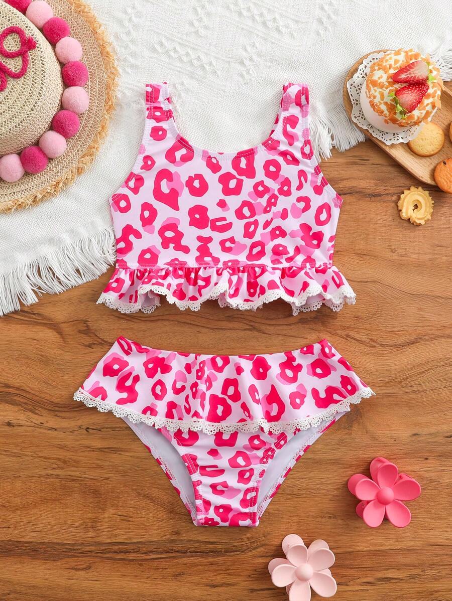 SHEIN 2pcs/Set Young Girl Swimwear, Random Print, Bikini - Multicolor - View 1