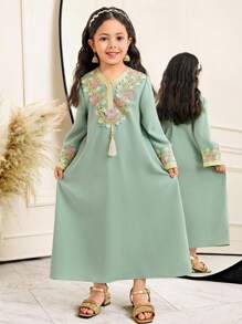 年轻女孩超大休闲长款流苏腰带连衣裙 - 綠色 - 查看 6