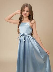 Tween Girl 奢华缎面露肩 A 字形连衣裙，配有系带腰带，细肩带吊带花童连衣裙，适合婚礼、舞会、生日派对、表演 - 藍色 - 查看 4