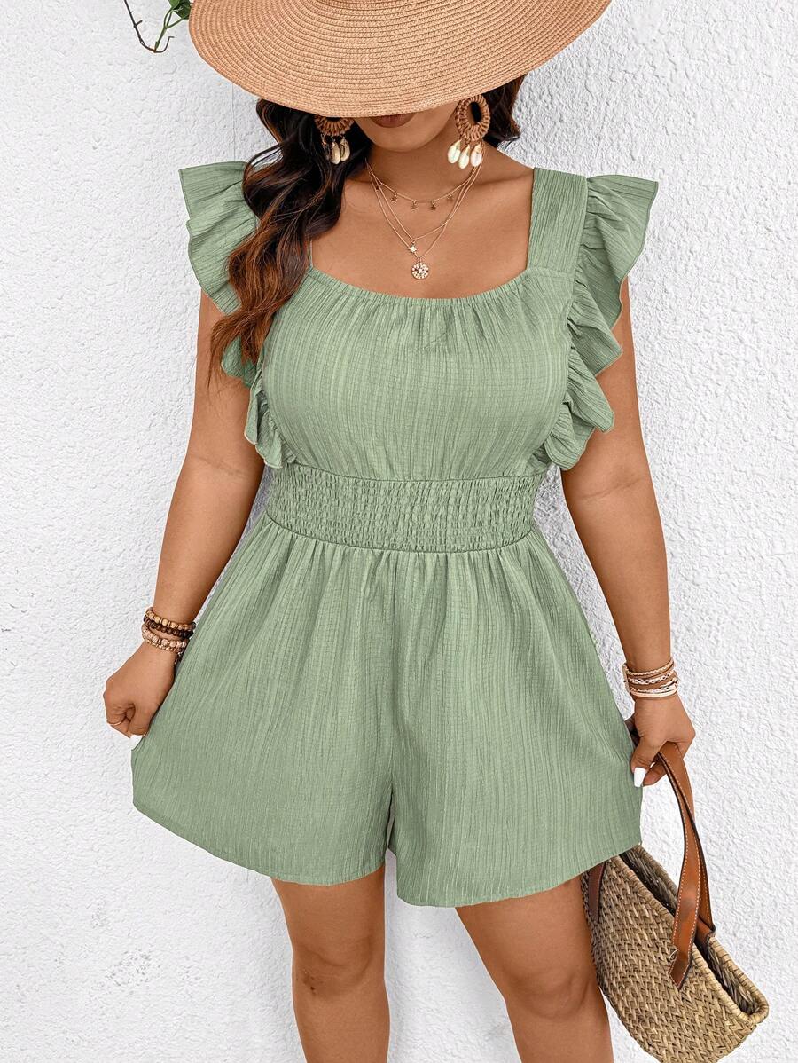 SHEIN Frenchy Bộ đồ liền thân màu trơn cỡ lớn cho nữ có tay áo lửng và dây rút ở eo - màu xanh lá - Xem 1