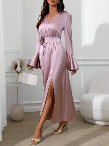 SHEIN Clasi فستان أنيق ذو فتحة رقبة على شكل حرف V وأكمام طويلة واسعة وخصر ضيق مزخرف بالزهور مناسب للربيع والصيف، طويل من الخلف وقصير من الأمام - وردي - مشاهدة 6