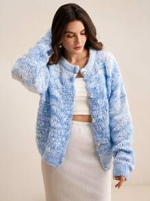 Anewsta Ombre Pink Soft Textured Round Neck Pearl Button Loose Romantic Knit Cardigan, Autumn/Winter, Christmas