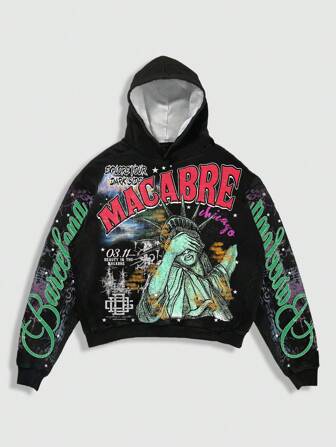 Street Life Men's Fashion Liberty Statue & Letter Print Hoodie Sweatshirt