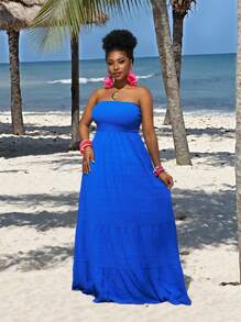 Slaydiva Pure Green Color Vacation Casual Style Strapless Plus Size Dress,Beach Dress Sundress,Holiday Outfits Boho - Royal Blue - View 7