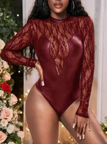 Slaydiva 万圣节新款性感优雅小立领长袖蕾丝拼接黑色PU透视修身女式连体裤-G - 紅色 - 查看 8