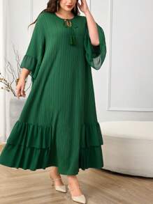 Lacomfia Plus-size dames effen kleur kwastje strik hals uitlopende mouwen Arabische stijl jurk, bescheiden