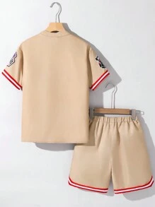 SHEIN Tween Boy Casual Street Basketball Pieced Webbing Open-Front Korte Mouw Shirt En Shorts 2 Stuks Set