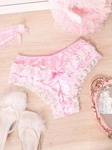 سروال أنثوي دانتيل مكشكش الحواف مزين بالوردي والأبيض، من التافتة المُزخرف بشكل أزهار رومانسي ورقيق، مناسب للاحتفالات والمهرجانات الموسيقية - وردي - مشاهدة 5
