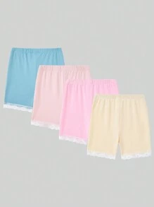 Set de 4 piezas Leggings elásticos con borde floral para niña, primavera/verano