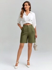 SHEIN Clasi 女士纯色简约时尚休闲短裤 - 軍綠色 - 查看 6