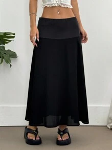 Flirla Black Satin Waist Spliced Textured Fabric Minimalist A-Line Skirt, Elegant & Versatile Slimming Fall Cloth For Women - Black - View 3