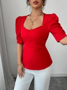 Elenzga Red Contrast Color Bowknot Strap Back Shirt - Red - View 3