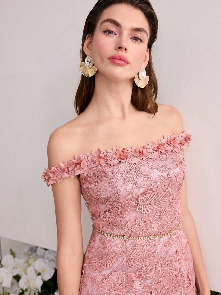 MOTF Soiréza GUIPURE LACE OFF SHOULDER MIDI DRESS