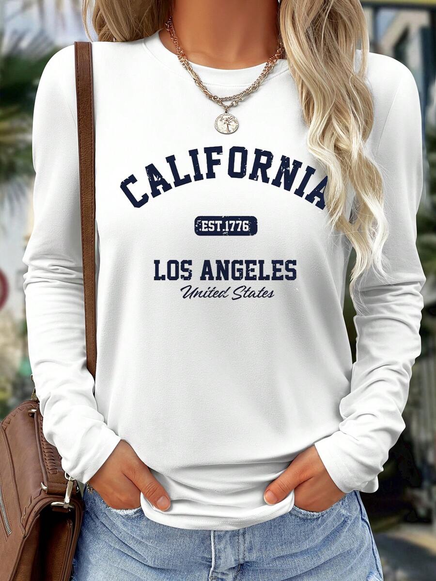 SHEIN LUNE 情人节时尚英文休闲舒适外出修身家居时尚秋冬春季休闲外出长袖打底印花T恤女式上衣春秋季 - 白色 - 查看 1