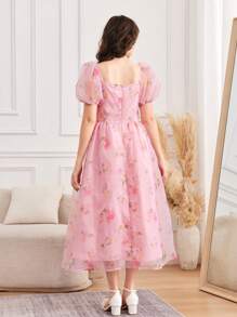 SHEIN Vestido largo con mangas abultadas de organza y estampado floral para adolescentes - Rosa - Ver 2