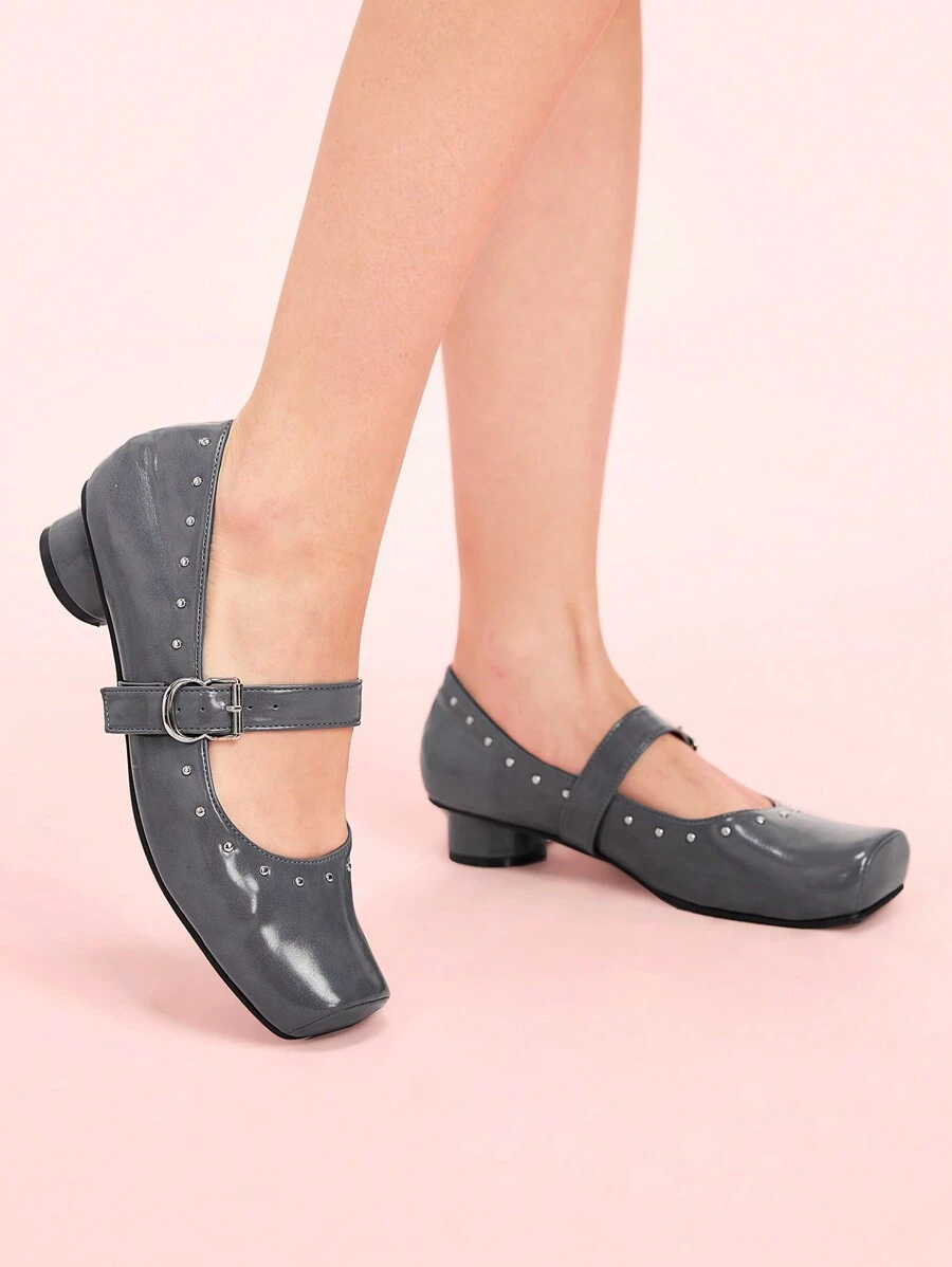 CUCCOO DOLLMOD 女士方头黑色高跟玛丽珍鞋，交叉带圆柱形鞋跟，经典复古风格