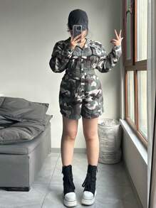 SHEIN EZwear Plus Size Women's Spring Utility Vintage Street Camo Pocket Jumpsuit - Army Green - View 3