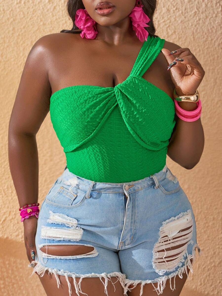 Slaydiva Plus Size Women Textured One Shoulder Bodysuit, Suitable For Beach Holiday - Green - View 1
