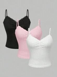 SHEIN LUNE Women's Solid Color Fuzzy Knit Ribbed Splice Lace Trim Shirring Slim Fit Camisole 3-Piece Set, Autumn/Winter