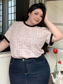 Dazy Plus Plus Size Women's Color Block Round Neck Short Sleeve T-Shirt, Spring/Summer Plaid - Pink - View 8