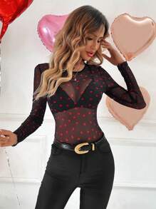 SHEIN LUNE 情人节心形网眼透明修身衬衫，休闲假日浪漫优雅街头女装上衣 - 黑色 - 查看 1