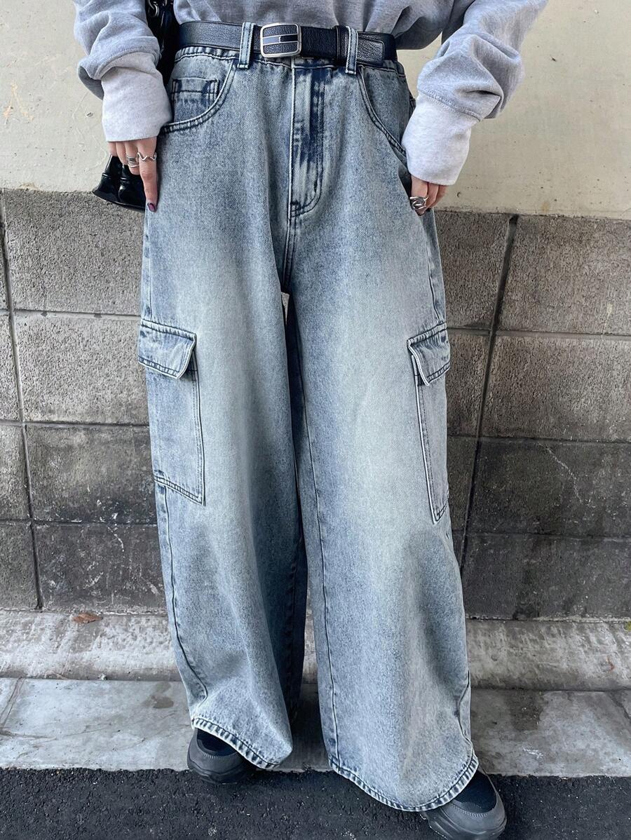 FRIFUL 女式休闲宽松大口袋牛仔裤 - 藍色 - 查看 1