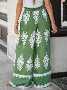 SHEIN LUNE 女式花卉印花松紧腰带双口袋阔腿裤 - 綠色 - 查看 6