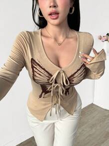 Modelyn 女士前系带长袖蝴蝶印花简约休闲上衣，日常穿着 - 卡其色 - 查看 7