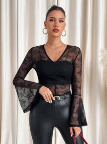 SHEIN Clasi Elegant Sexy Sheer Lace Bell Sleeve Hollow Out Blouse For Women,New Year Eve Dress