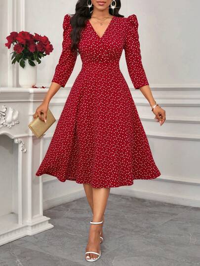 SHEIN Lady 情人节/新年派对/适合日常工作穿着/适合所有季节穿着优雅时尚百搭日常约会圆领 3/4 袖腰部喇叭形长款红色女式连衣裙