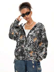 SHEIN EZwear Women's Fall/Winter Couple Same Style/Couple Same Style/Basic/Going Out Knit Camo Thermal Lined Keep Warm Zip Up Green Baggy Long Sleeve Sweatshirt - Grey - View 6