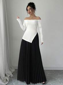 Firerie 女士露肩长袖褶边优雅黑白撞色连衣裙