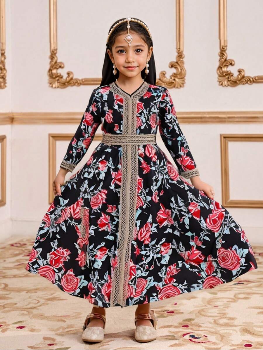 Young Girl Solid Color V-Neck Long Sleeve Simple Casual Dress - Yellow - View 1