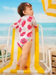 Baby Girl Floral Print Keyhole Long Sleeve Rash Guard One-Piece Swimsuit With Headband - Multicolor - View 2