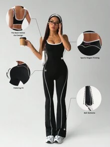 Dewbera 对比色条纹图案印花喇叭腿运动连体裤 - 彩色 - 查看 2