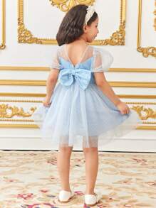 SHEIN Vestido de niña elegante con mangas abombadas de malla con estampado a lunares, diseño de gran lazo calado y empalmes de malla, color azul