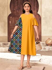 SHEIN Tween Girl Casual Resort Colorful Floral Patchwork Open Shoulder Short Sleeve Loose Maxi Woven Dress