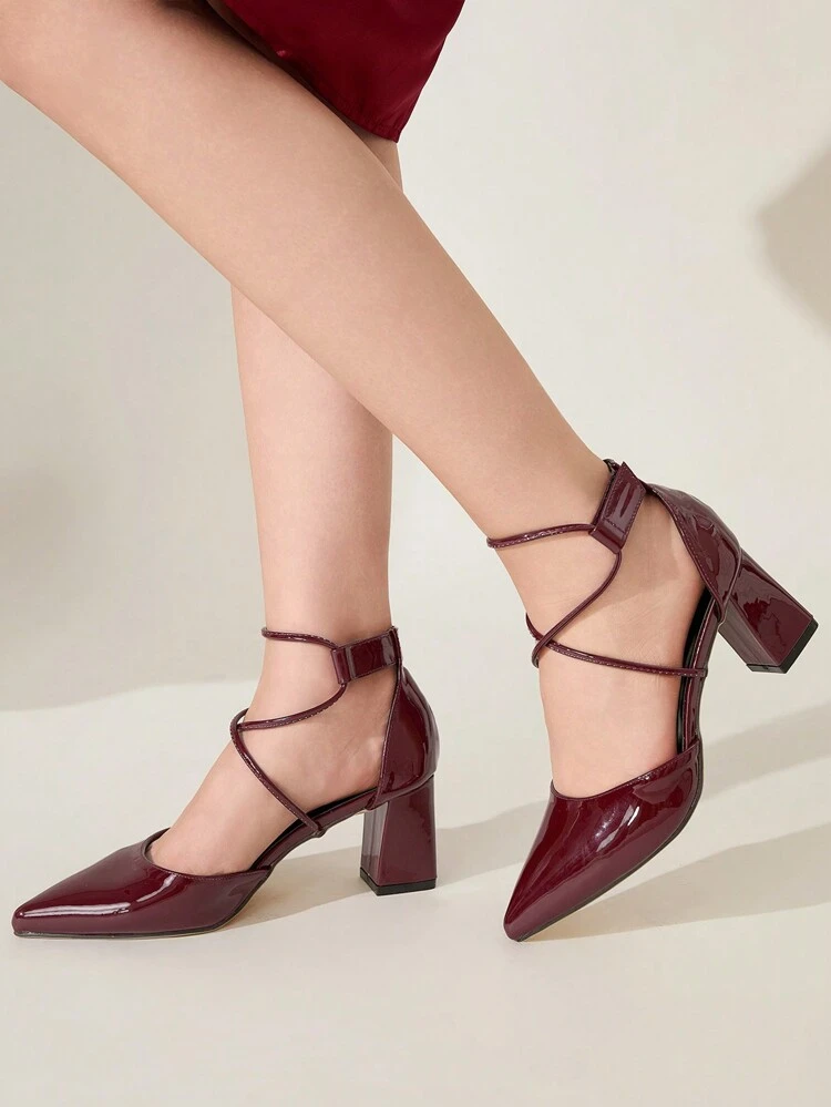 CUCCOO CHICEST Women's Fashion Wine Red Criss-Cross Strap Pointed Toe Thick High Heel Slip-On Shoes, Convenient For Commuting, Dating, Party, Festival, Holiday, Wedding Summer Shoes Summer Break Easter Prom Heels For Christmas Elegant Shoes Wedding Shoes Summer Shoes Bride Shoes