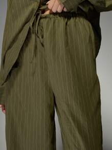 MISSGUIDED Bộ Co-Ord Sọc Vải Lanh Sang Trọng Áo Sơ Mi Cài Cúc Quá Khổ Quần Ống Rộng Trang Phục Công Sở Chuyên Nghiệp Trang Phục Đi Nghỉ Mát Mùa Xuân Hè - xanh quân đội - Xem 4