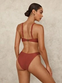 SHEIN Swim Minimalist Solid Color Gathered Bikini Set For Beach Vacation For Summer Beach Vacation - Brown - View 2
