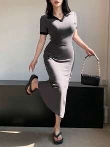 DAZY Women's Form-Fitting Color Block Short Sleeve Slim Fit Long Dress Sundress,Casual Women Dresses