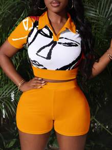 Slaydiva 1 Set V-Neck Portrait Print Cropped Tight Top And Tight Mini Shorts, Vacation Outfit - Style C - Coral Orange - View 1