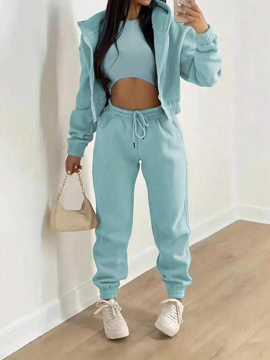 SHEIN LUNE Conjunto Feminino De Moletom Com Capuz E Zíper Frontal, Cropped, Colete E Calça - Azul bebê - Visão 1