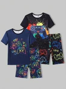 Teen Boy 4PCS Gaming Luminous Graffiti Print Snug Fit Round Neck Short Sleeve Top & Long Pants Pajama Set - Multicolor - View 5