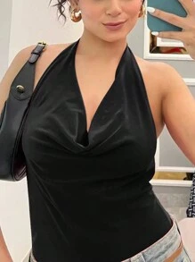 INAWLY Plus Size Seductive Draped Neck Wrap Halter Bodysuit, Minimalist And Fashionable For Casual Everyday Wear - Black - View 3